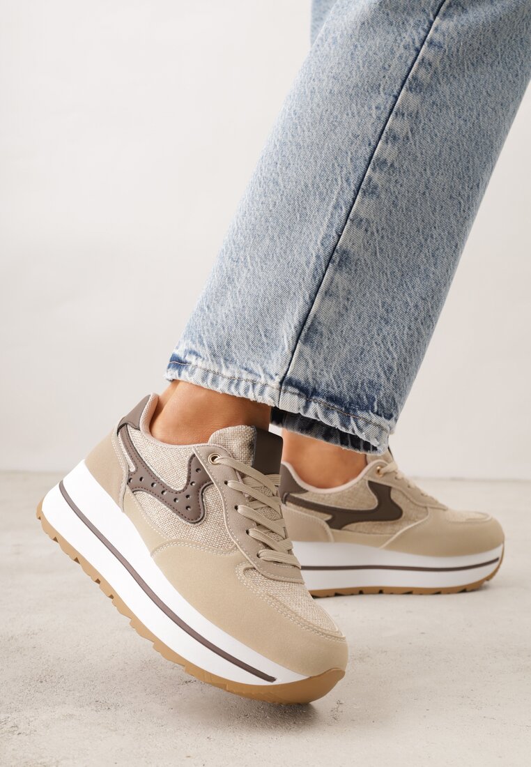 Beżowe Sneakersy na Platformie z Tweedowym Zdobieniem i Perforacją Dioseleia