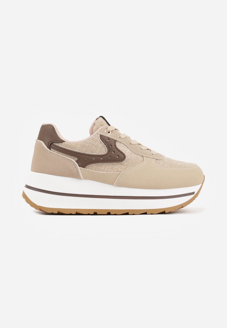 Beżowe Sneakersy na Platformie z Tweedowym Zdobieniem i Perforacją Dioseleia