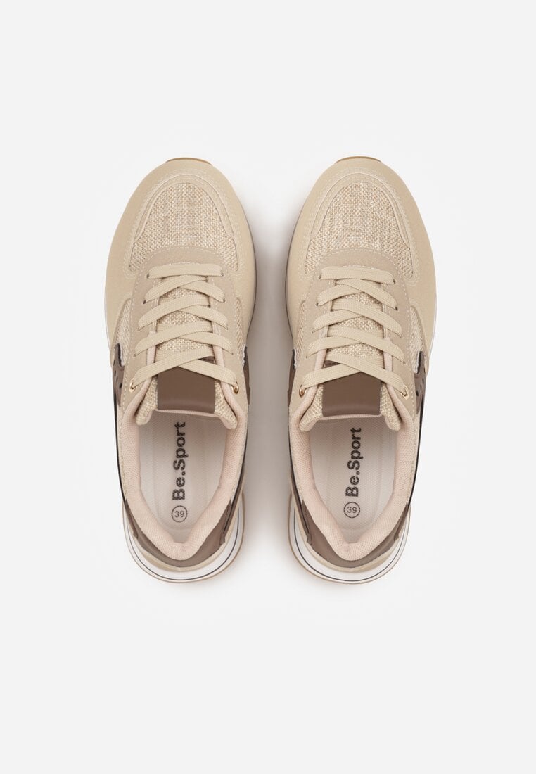 Beżowe Sneakersy na Platformie z Tweedowym Zdobieniem i Perforacją Dioseleia