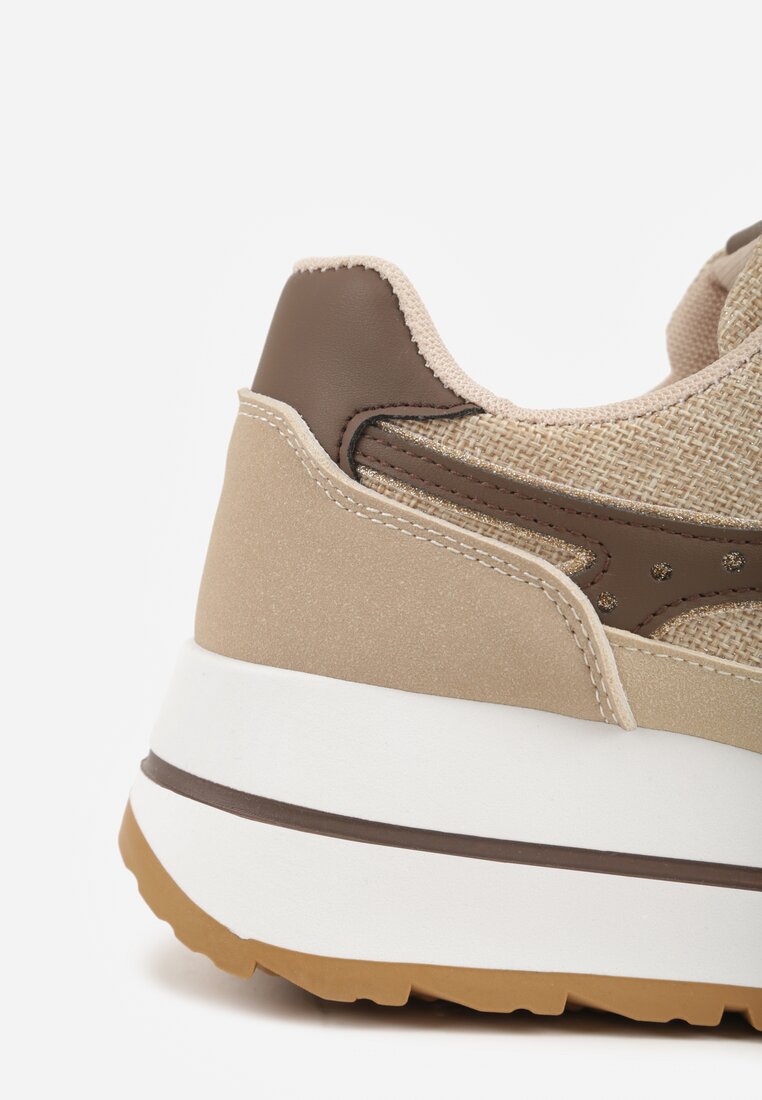 Beżowe Sneakersy na Platformie z Tweedowym Zdobieniem i Perforacją Dioseleia