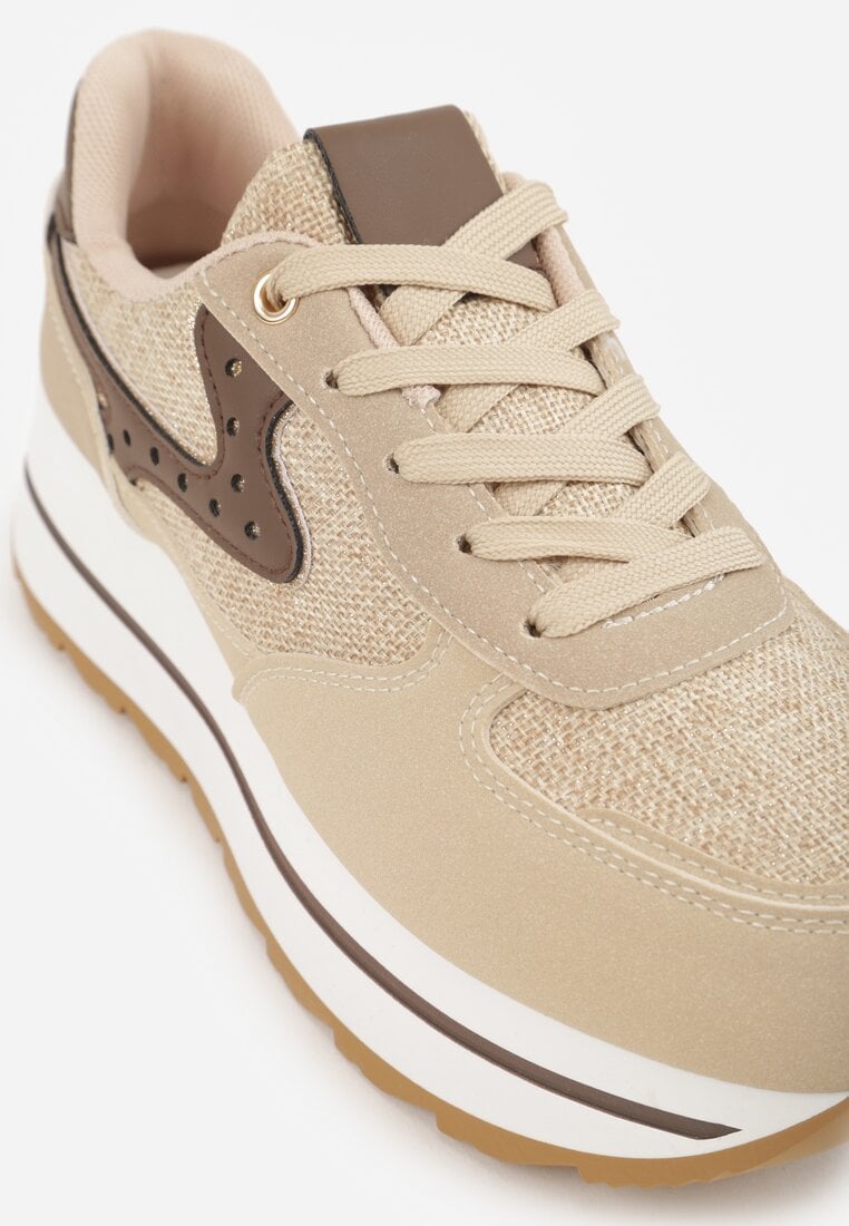 Beżowe Sneakersy na Platformie z Tweedowym Zdobieniem i Perforacją Dioseleia