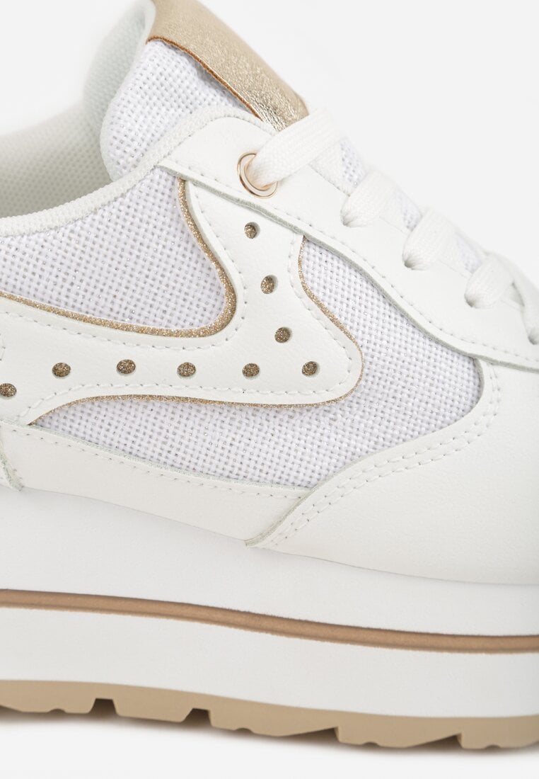 Białe Sneakersy na Platformie z Tweedowym Zdobieniem i Perforacją Dioseleia