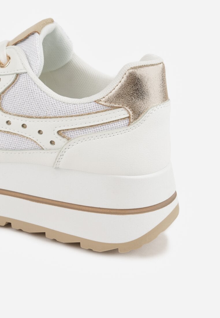 Białe Sneakersy na Platformie z Tweedowym Zdobieniem i Perforacją Dioseleia