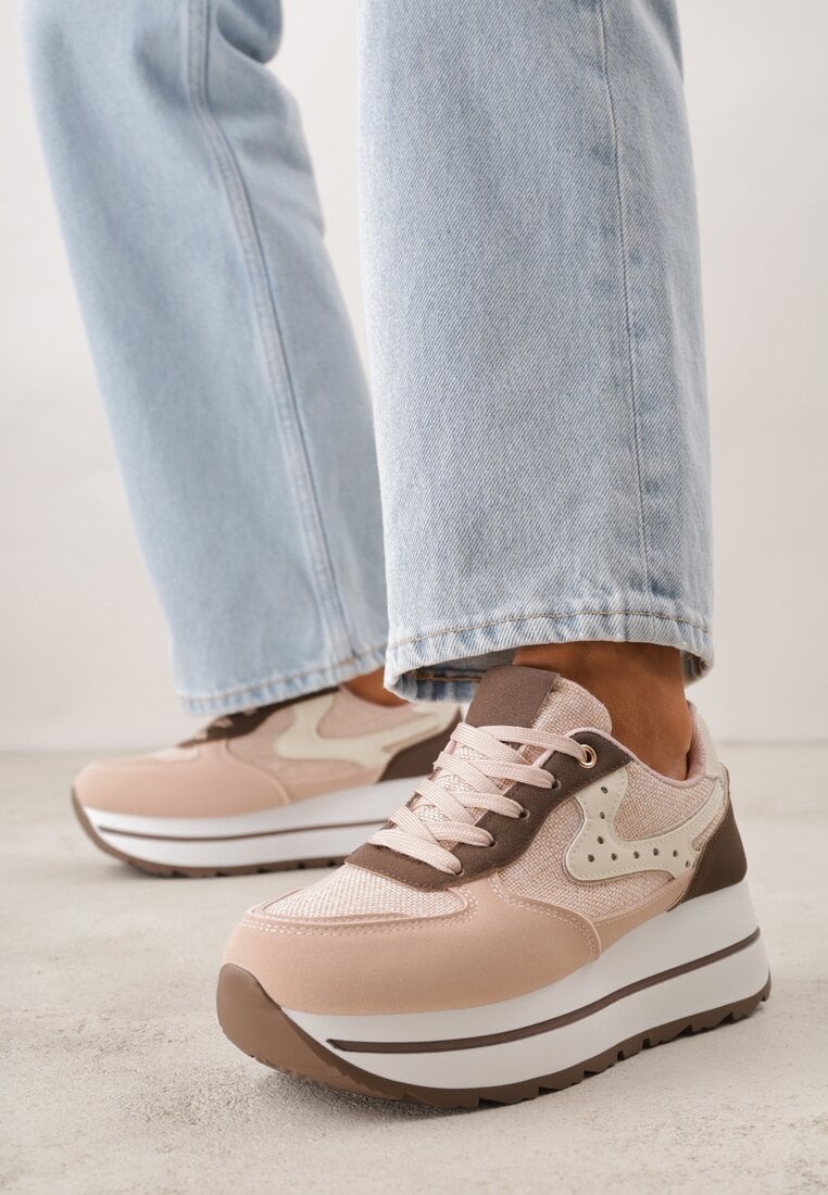 Różowe Sneakersy na Platformie z Tweedowym Zdobieniem i Perforacją Dioseleia