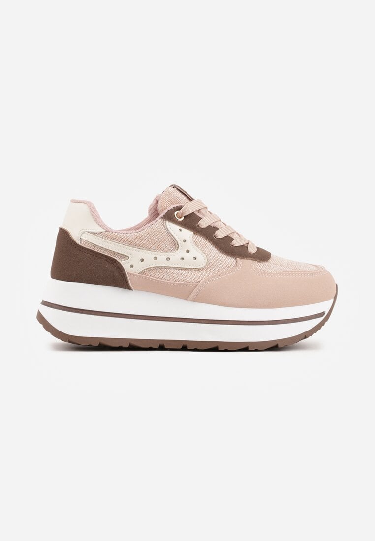 Różowe Sneakersy na Platformie z Tweedowym Zdobieniem i Perforacją Dioseleia