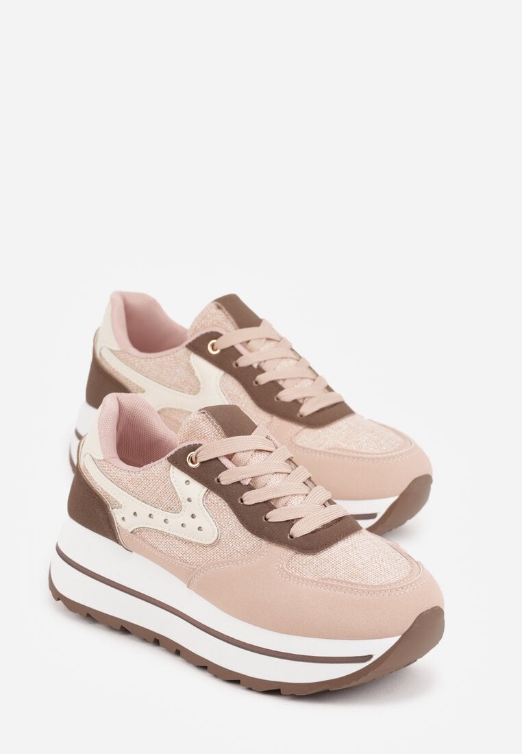 Różowe Sneakersy na Platformie z Tweedowym Zdobieniem i Perforacją Dioseleia