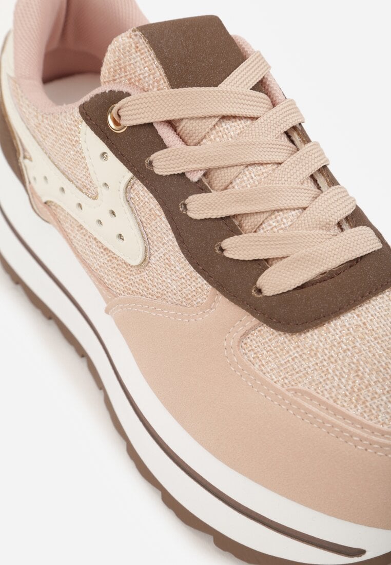 Różowe Sneakersy na Platformie z Tweedowym Zdobieniem i Perforacją Dioseleia