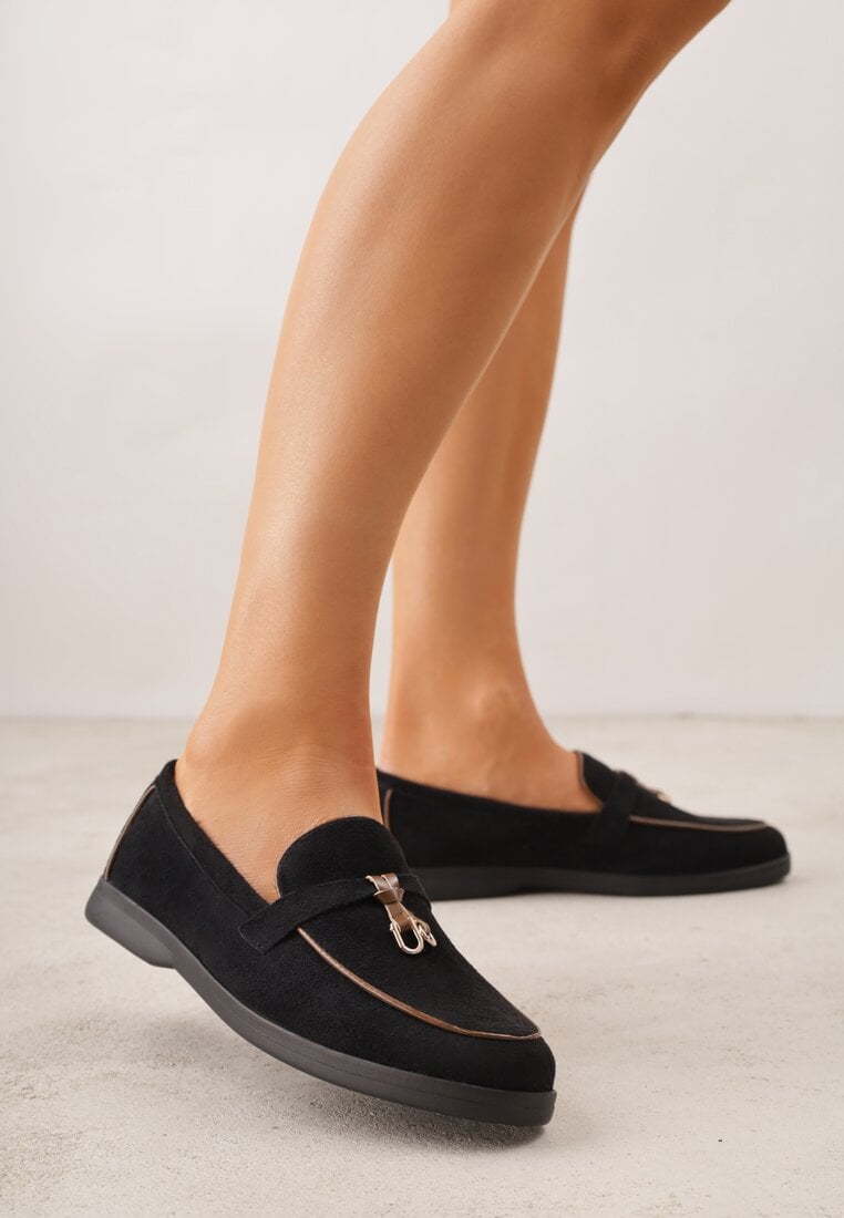 Czarne Mokasyny z Imitacji Zamszu z Zawieszką na Nosku Theophitos