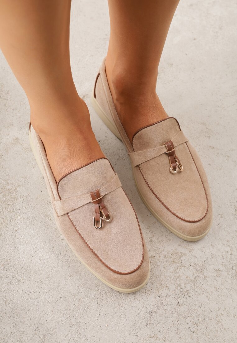 Ciemnobeżowe Mokasyny z Imitacji Zamszu z Zawieszką na Nosku Theophitos