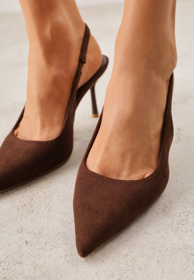 Brązowe Sandały z Imitacji Zamszu na Szpilce z Odkrytą Piętą Adrasiphaeia