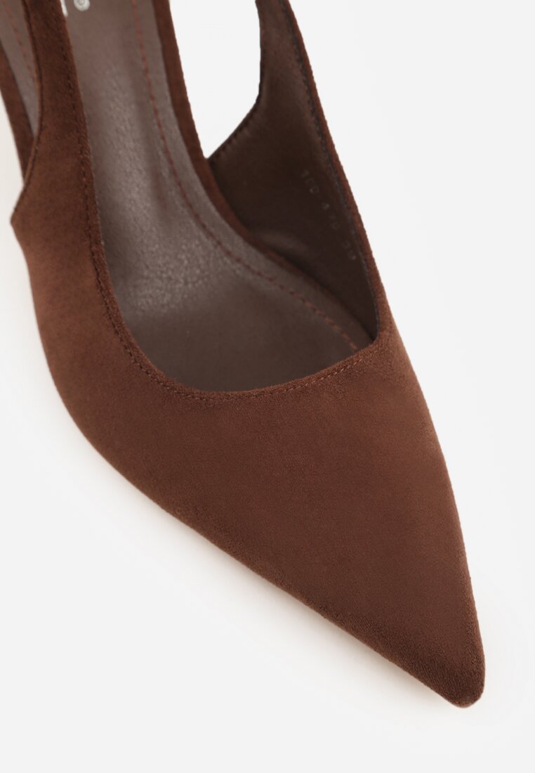 Brązowe Sandały z Imitacji Zamszu na Szpilce z Odkrytą Piętą Adrasiphaeia