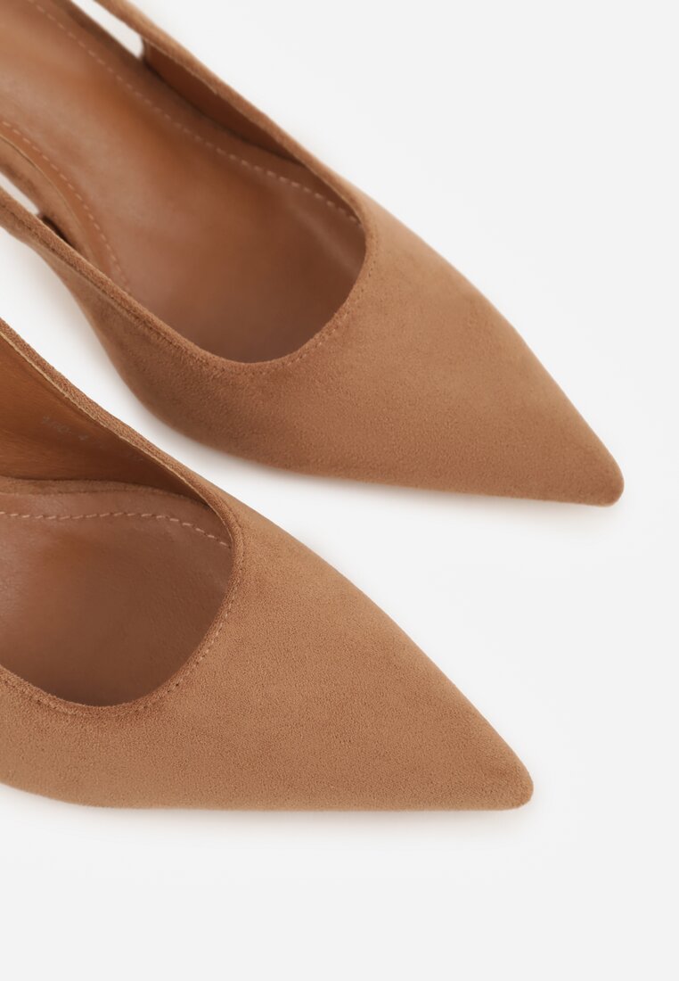 Jasnobrązowe Sandały z Imitacji Zamszu na Szpilce z Odkrytą Piętą Adrasiphaeia