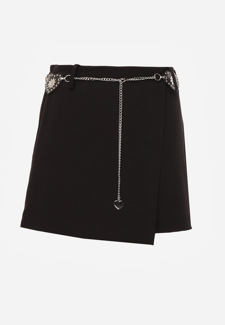 Czarne Spódnico-Szorty z Metalicznymi Sercami przy Łańcuszku Meztila