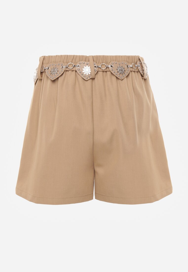 Beżowe Spódnico-Szorty z Metalicznymi Sercami przy Łańcuszku Meztila
