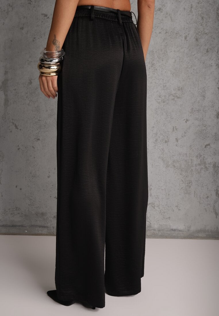 Czarne Spodnie Szerokie z Dodatkiem Bawełny High Waist z Metaliczną Klamrą Azaerixis