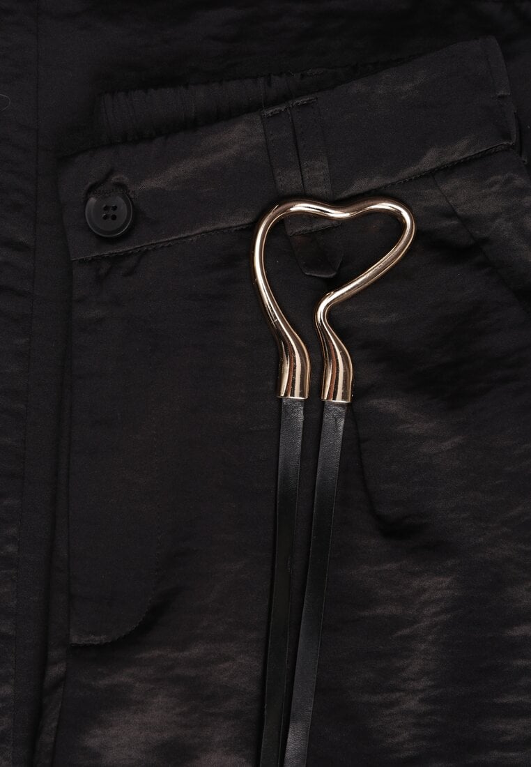Czarne Spodnie Szerokie z Dodatkiem Bawełny High Waist z Metaliczną Klamrą Azaerixis