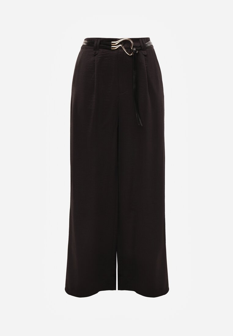 Czarne Spodnie Szerokie z Dodatkiem Bawełny High Waist z Metaliczną Klamrą Azaerixis