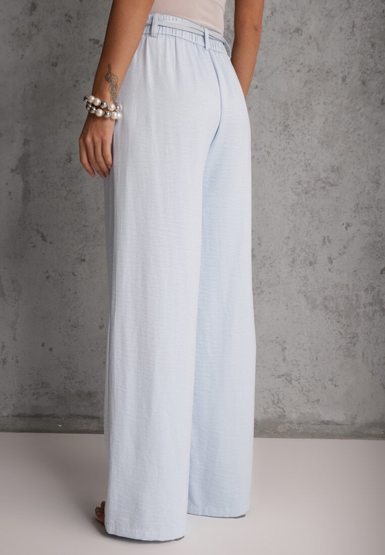 Niebieskie Spodnie Szerokie z Dodatkiem Bawełny High Waist z Metaliczną Klamrą Azaerixis