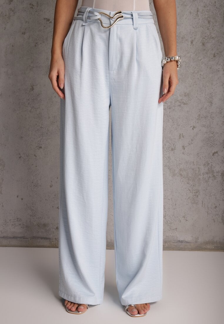 Niebieskie Spodnie Szerokie z Dodatkiem Bawełny High Waist z Metaliczną Klamrą Azaerixis