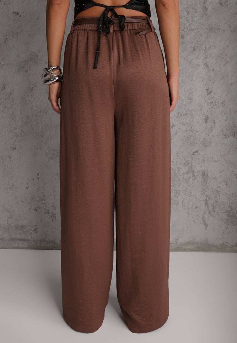 Brązowe Spodnie Szerokie z Dodatkiem Bawełny High Waist z Metaliczną Klamrą Azaerixis