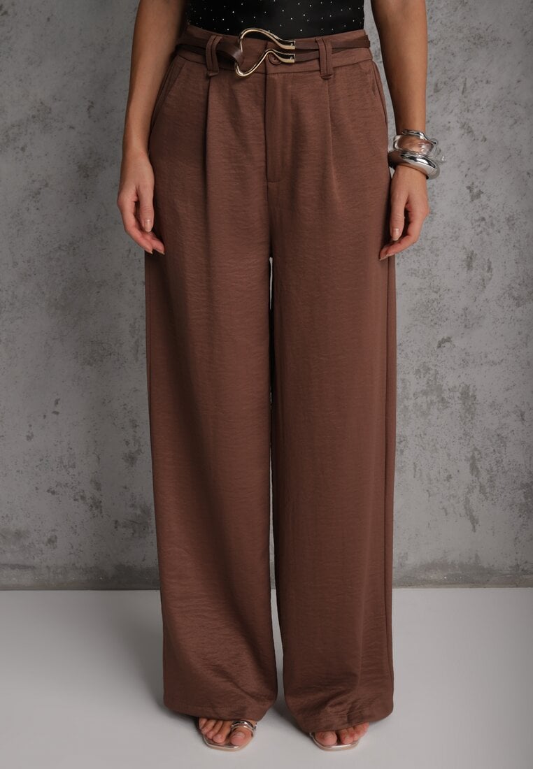 Brązowe Spodnie Szerokie z Dodatkiem Bawełny High Waist z Metaliczną Klamrą Azaerixis