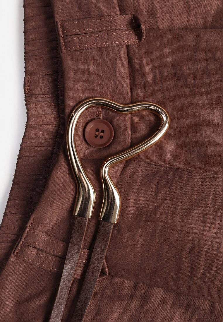 Brązowe Spodnie Szerokie z Dodatkiem Bawełny High Waist z Metaliczną Klamrą Azaerixis