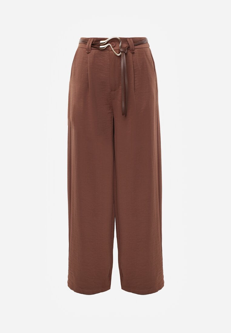 Brązowe Spodnie Szerokie z Dodatkiem Bawełny High Waist z Metaliczną Klamrą Azaerixis