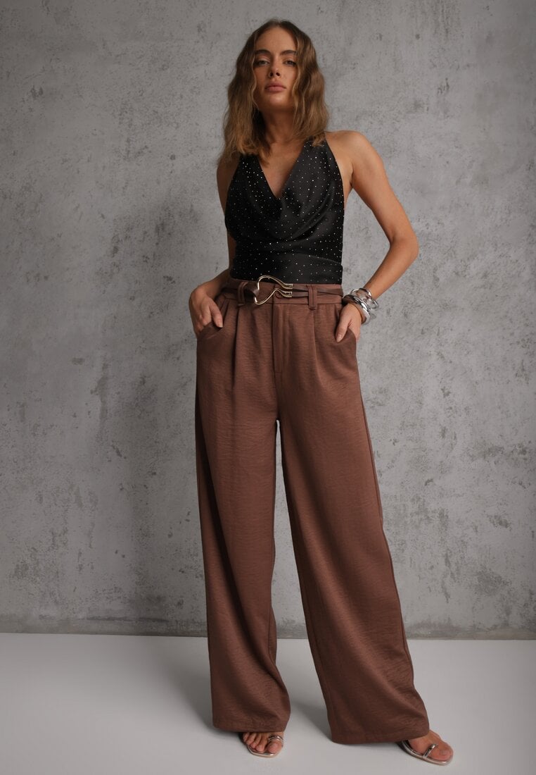 Brązowe Spodnie Szerokie z Dodatkiem Bawełny High Waist z Metaliczną Klamrą Azaerixis