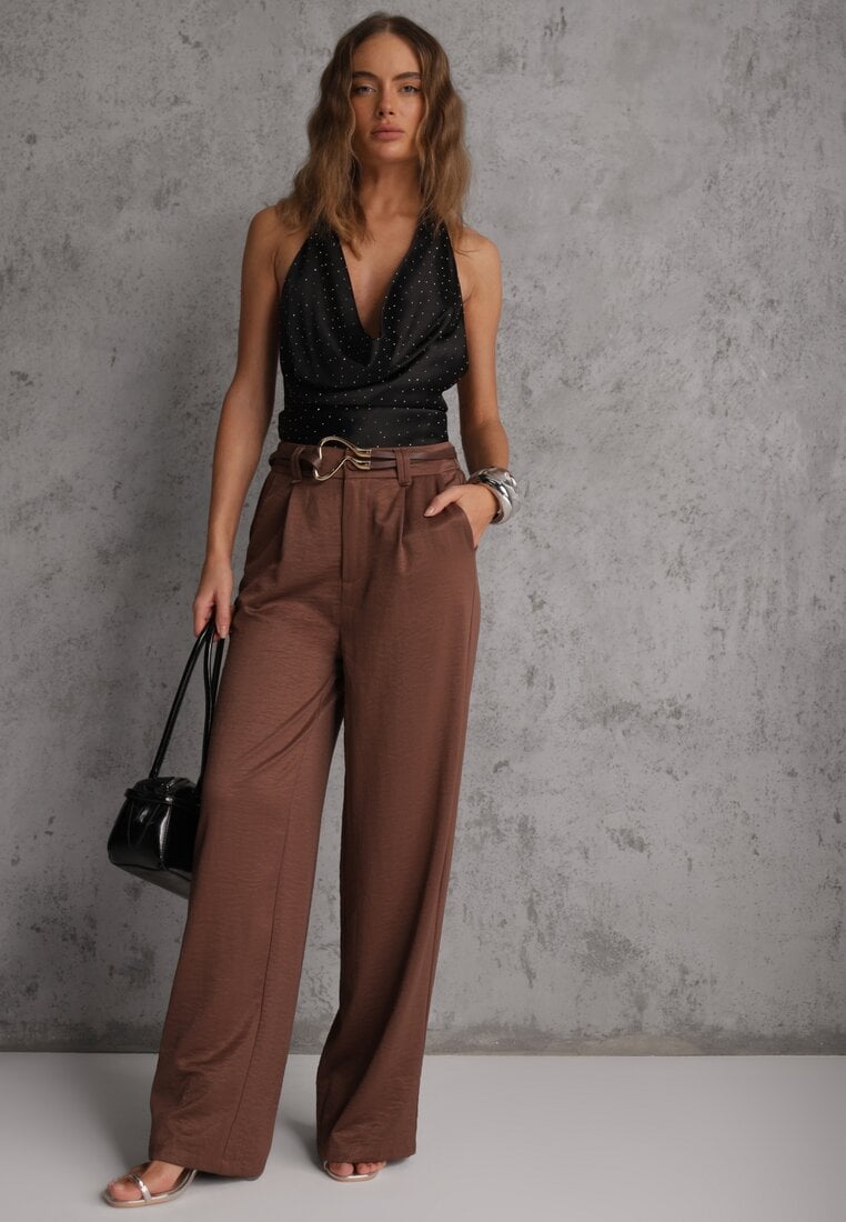 Brązowe Spodnie Szerokie z Dodatkiem Bawełny High Waist z Metaliczną Klamrą Azaerixis
