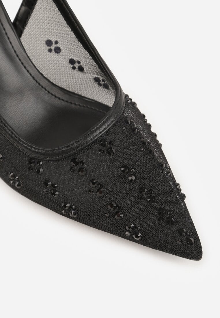 Czarne Sandały Slingback na Szpilce z Siateczki Zdobione Cyrkoniami Lilinyra