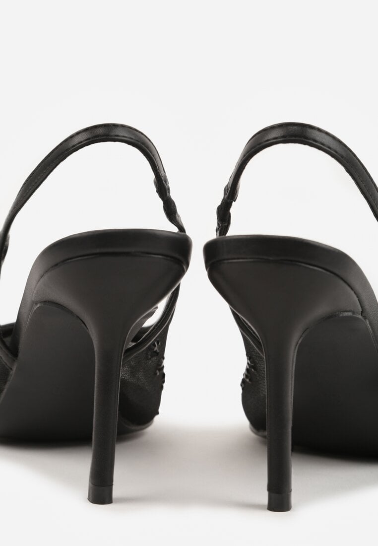 Czarne Sandały Slingback na Szpilce z Siateczki Zdobione Cyrkoniami Lilinyra
