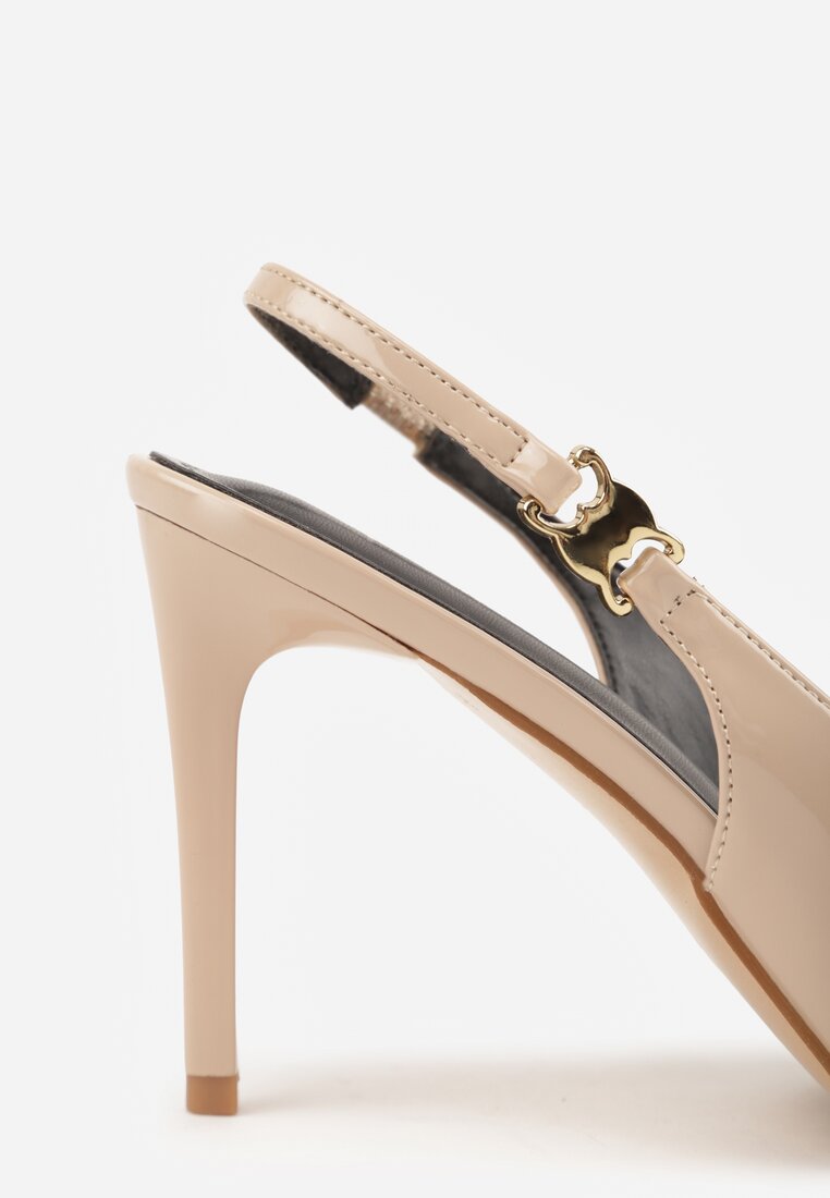 Beżowe Sandały Slingback na Szpilce z Lakierowanym Połyskiem i Aplikacją Phisvienne