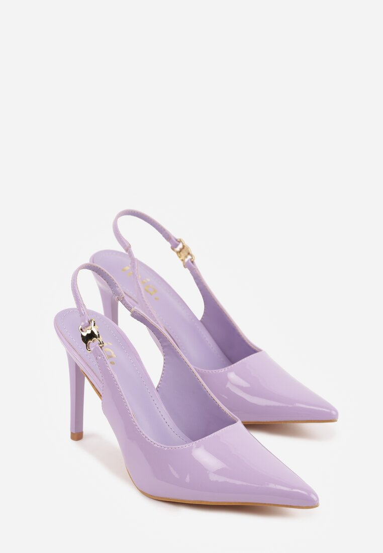 Fioletowe Sandały Slingback na Szpilce z Lakierowanym Połyskiem i Aplikacją Phisvienne