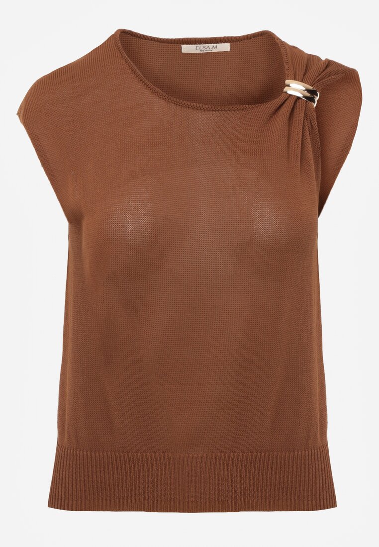Brązowa Wiskozowa Bluzka Bez Rękawów z Dzianiny Zdobiona Metaliczną Aplikacją Alutina
