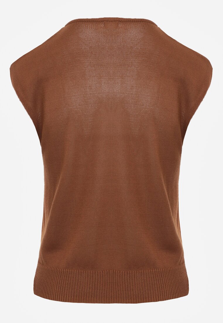 Brązowa Wiskozowa Bluzka Bez Rękawów z Dzianiny Zdobiona Metaliczną Aplikacją Alutina