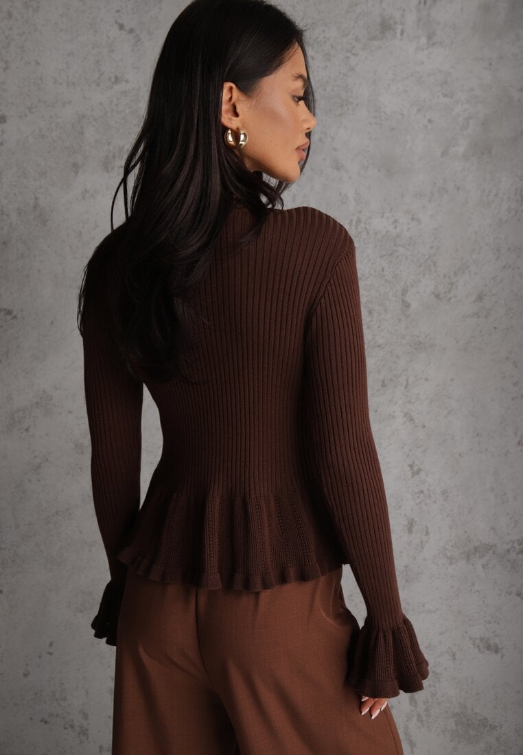 Brązowy Wiskozowy Kardigan w Prążki z Falbankami i Guzikami z Cyrkoniami Danareia