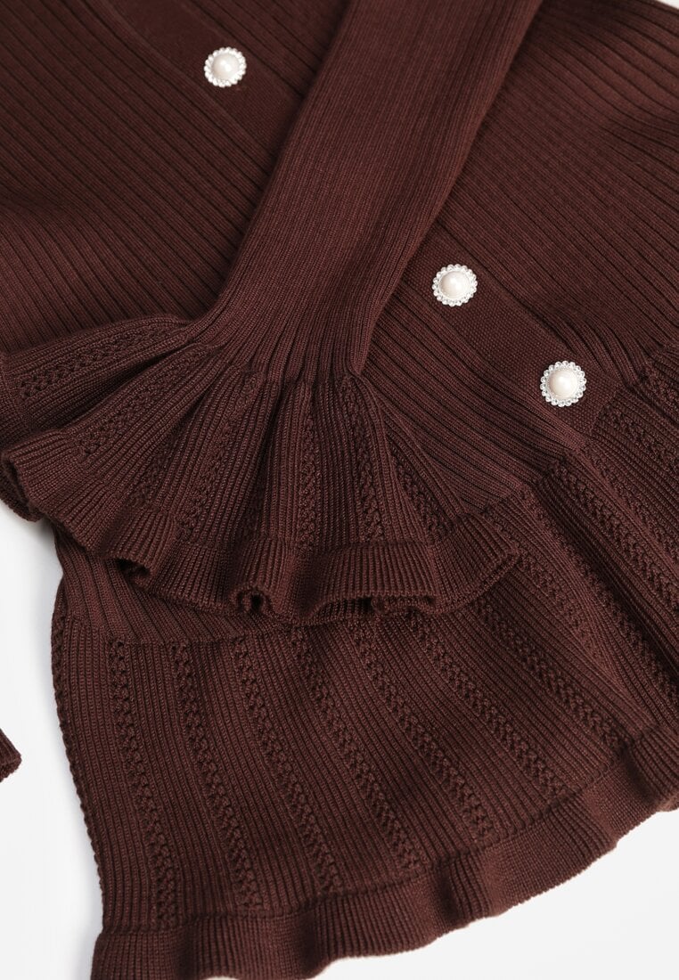 Brązowy Wiskozowy Kardigan w Prążki z Falbankami i Guzikami z Cyrkoniami Danareia