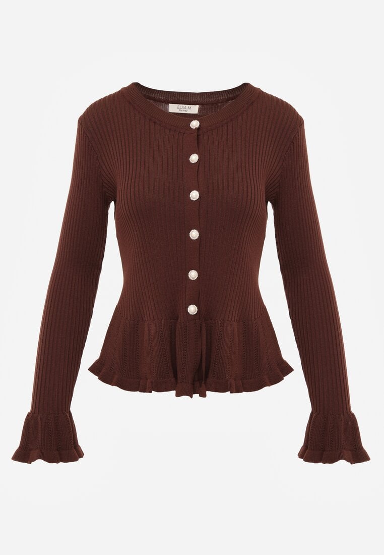 Brązowy Wiskozowy Kardigan w Prążki z Falbankami i Guzikami z Cyrkoniami Danareia
