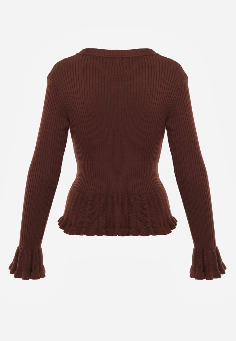 Brązowy Wiskozowy Kardigan w Prążki z Falbankami i Guzikami z Cyrkoniami Danareia