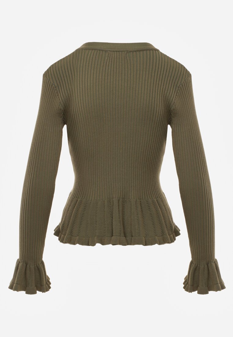 Zielony Wiskozowy Kardigan w Prążki z Falbankami i Guzikami z Cyrkoniami Danareia