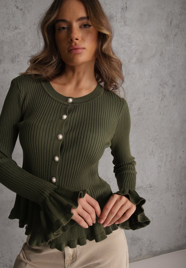 Zielony Wiskozowy Kardigan w Prążki z Falbankami i Guzikami z Cyrkoniami Danareia