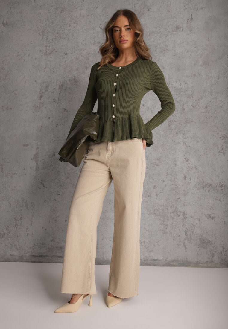 Zielony Wiskozowy Kardigan w Prążki z Falbankami i Guzikami z Cyrkoniami Danareia