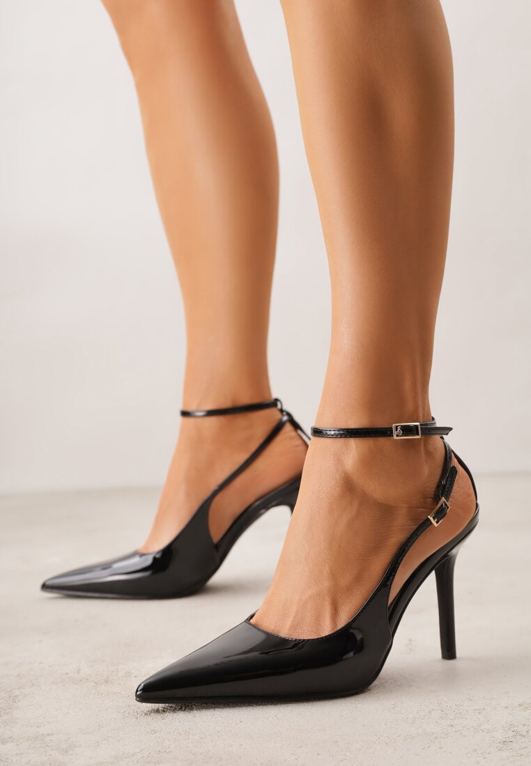 Czarne Sandały Lakierowane na Szpilce z Ozdobnymi Paskami  Murilea