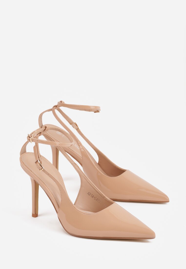 Ciemnobeżowe Sandały Lakierowane na Szpilce z Ozdobnymi Paskami  Murilea