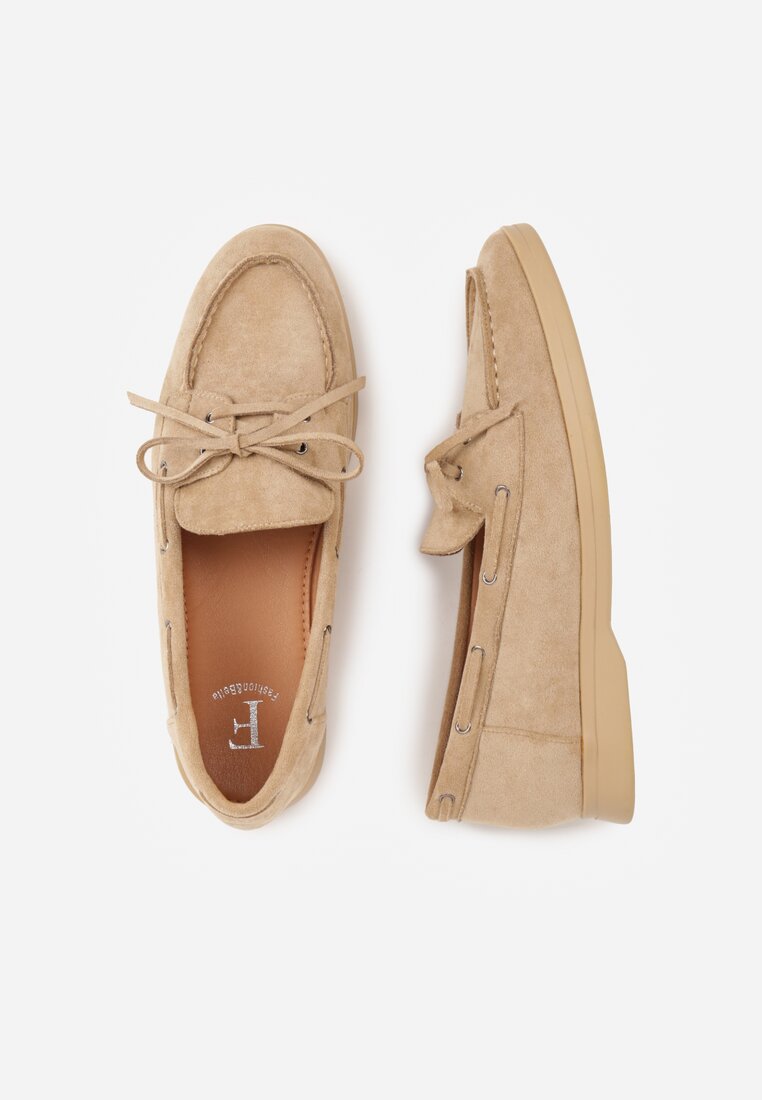 Ciemnobeżowe Mokasyny ze Sznurkiem i Kokardą Samiphia