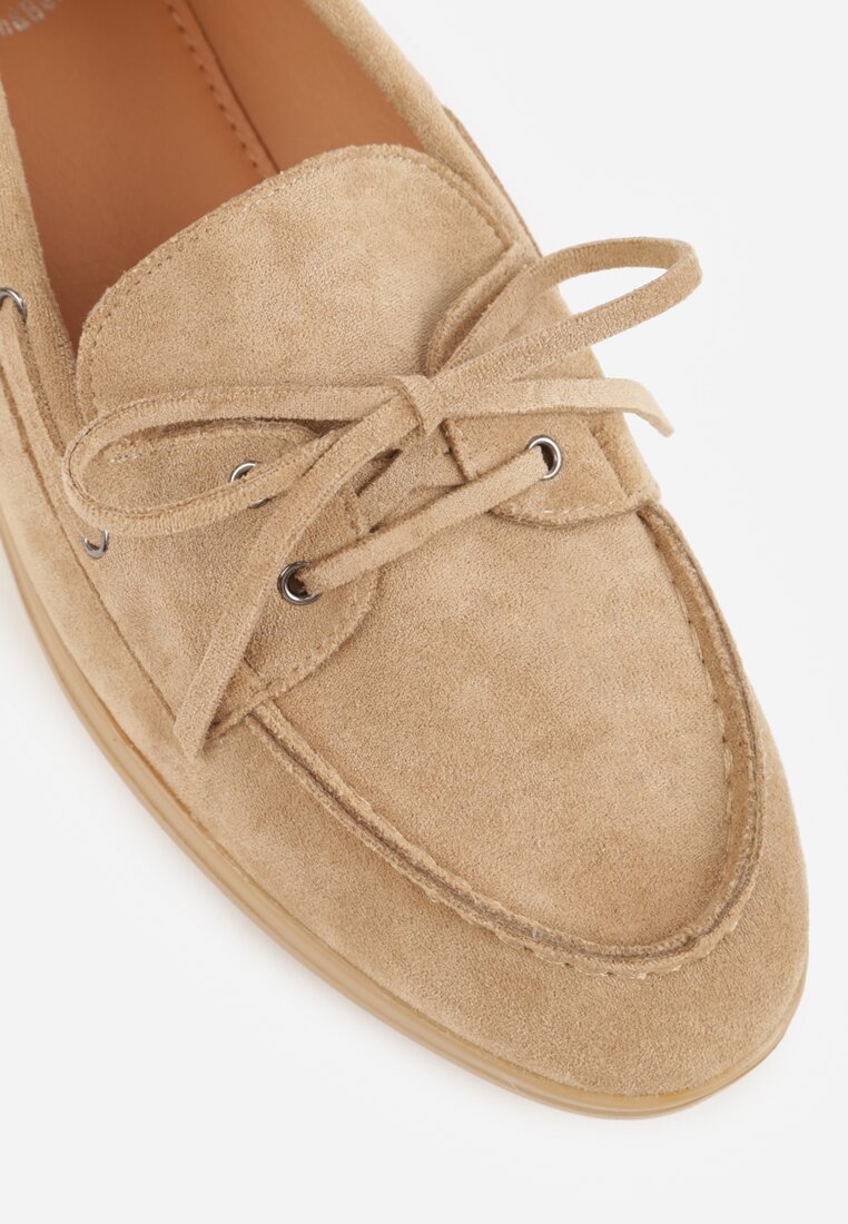 Ciemnobeżowe Mokasyny ze Sznurkiem i Kokardą Samiphia