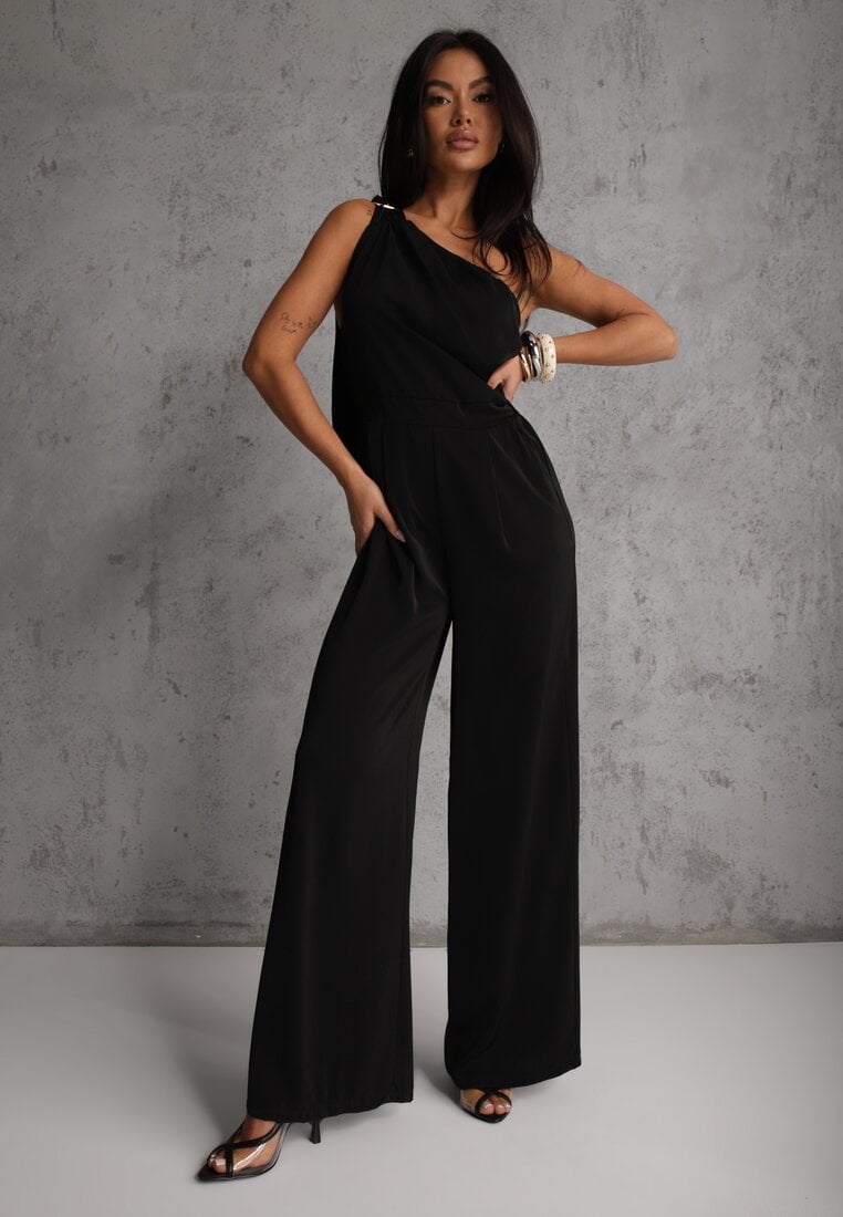 Czarny Koktajlowy Kombinezon Asymetryczny o Kroju na Jedno Ramię z Klamrą Hurinex
