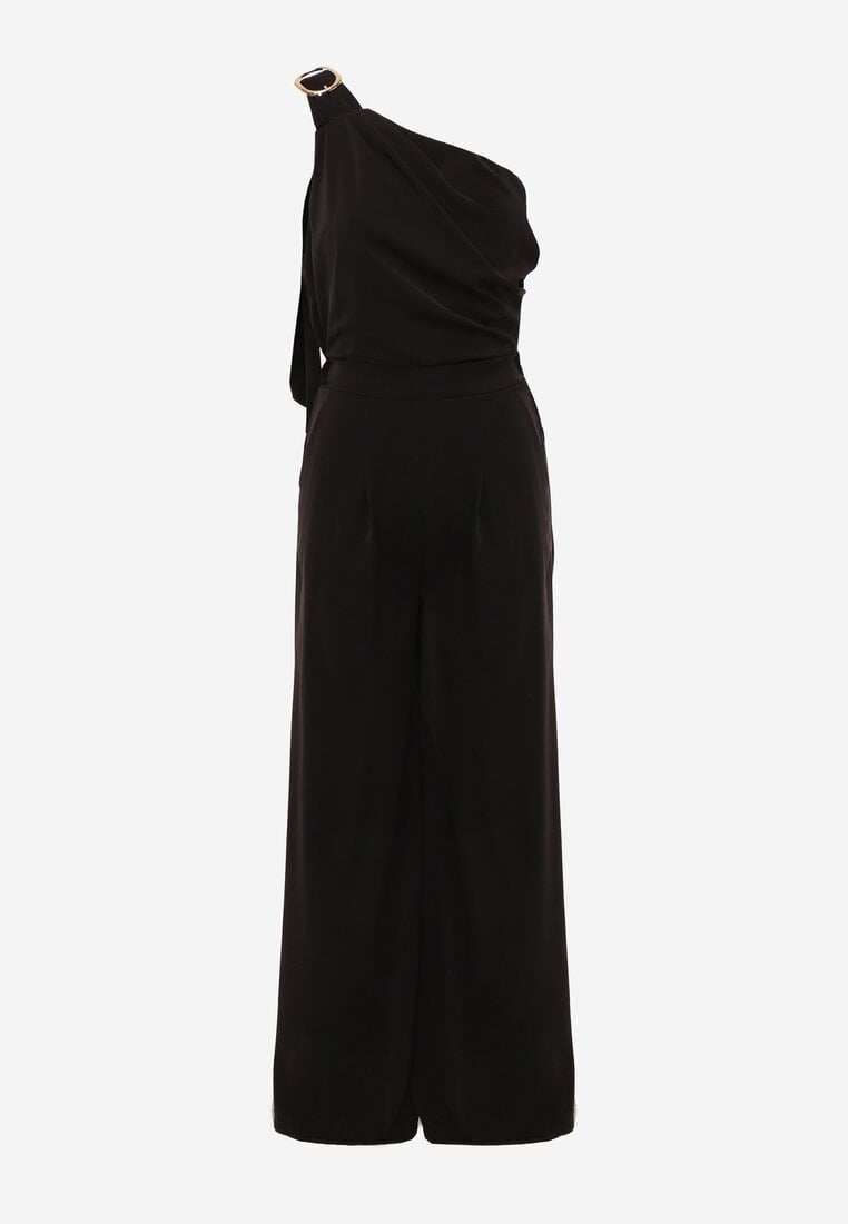 Czarny Koktajlowy Kombinezon Asymetryczny o Kroju na Jedno Ramię z Klamrą Hurinex