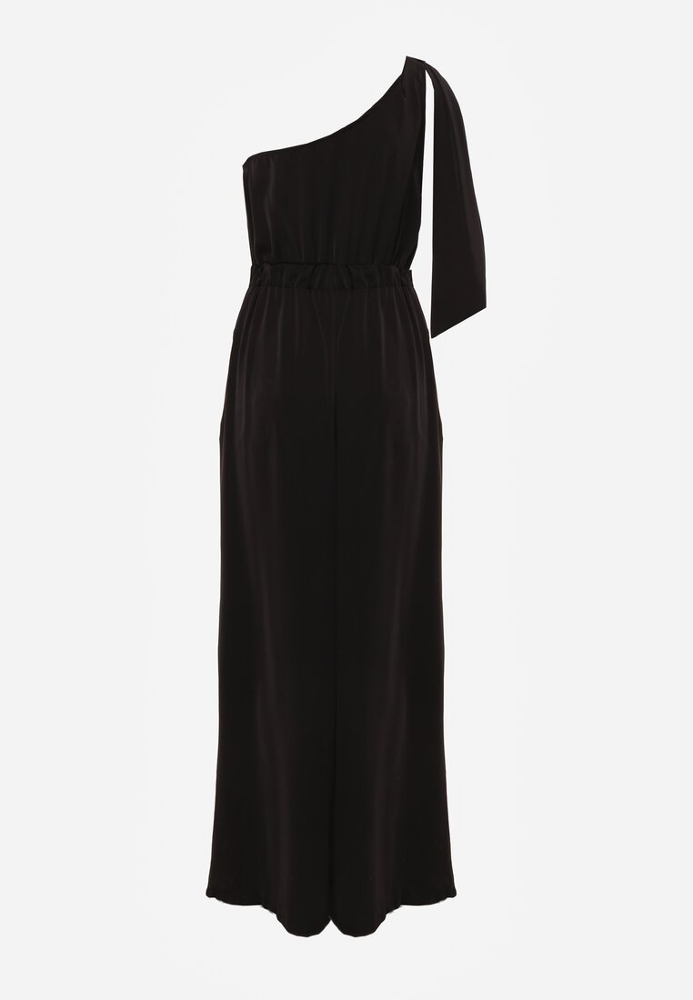 Czarny Koktajlowy Kombinezon Asymetryczny o Kroju na Jedno Ramię z Klamrą Hurinex