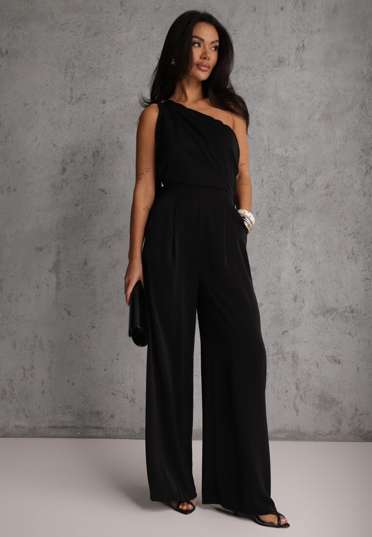 Czarny Koktajlowy Kombinezon Asymetryczny o Kroju na Jedno Ramię z Klamrą Hurinex